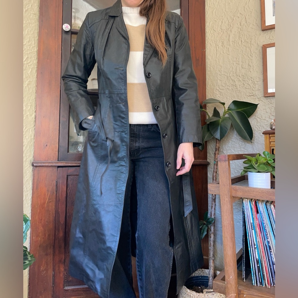 Vintage 80s leather duster trench coat Split Ends Ltd. Black coat jacket - Picture 2 of 13